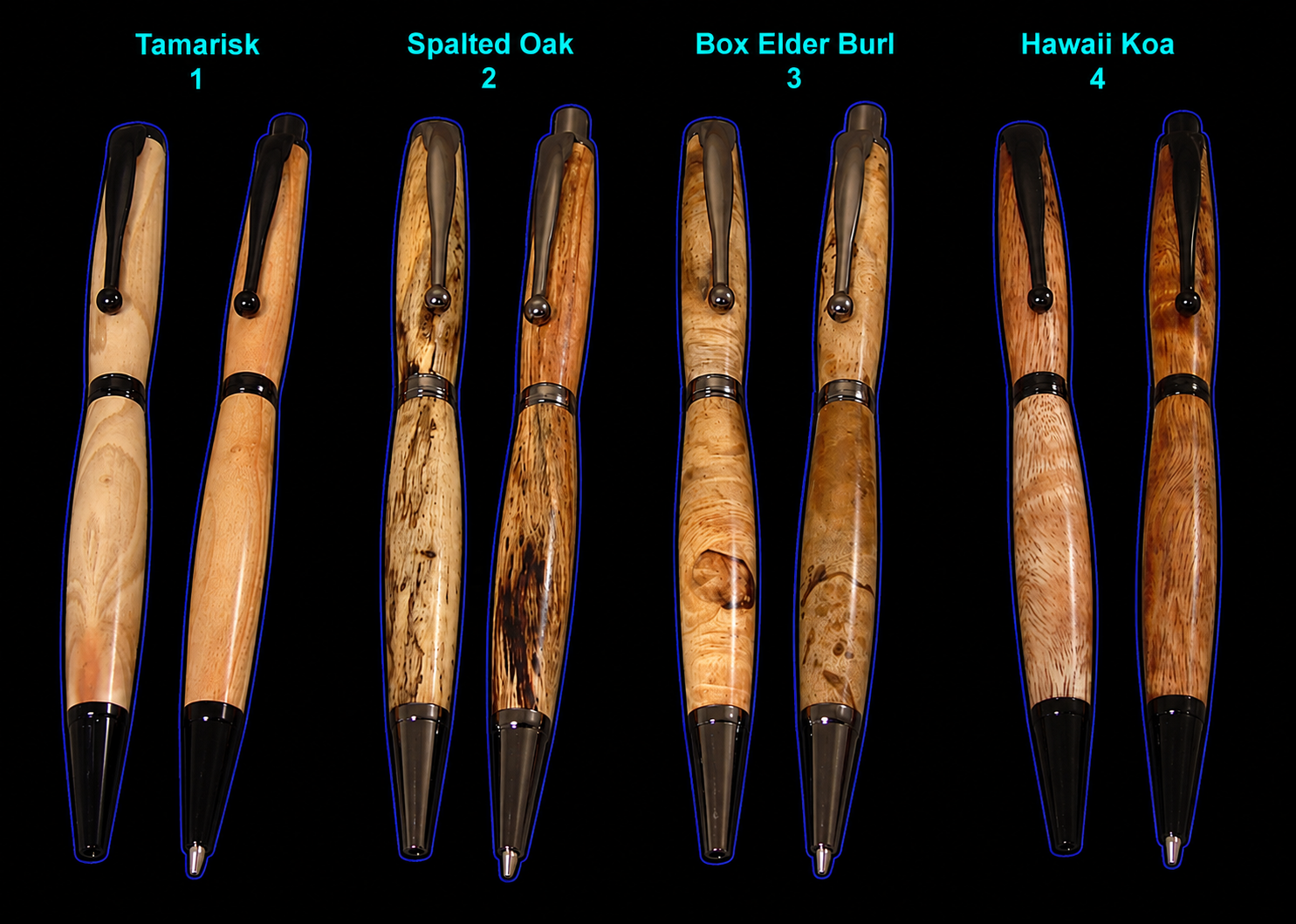 8 woodturned pens made on a lathe, 2 Tamarisk, 2 Spalted Oak, 2 Box Elder Burl, 2 Hawaii Koa. Displayed left to right