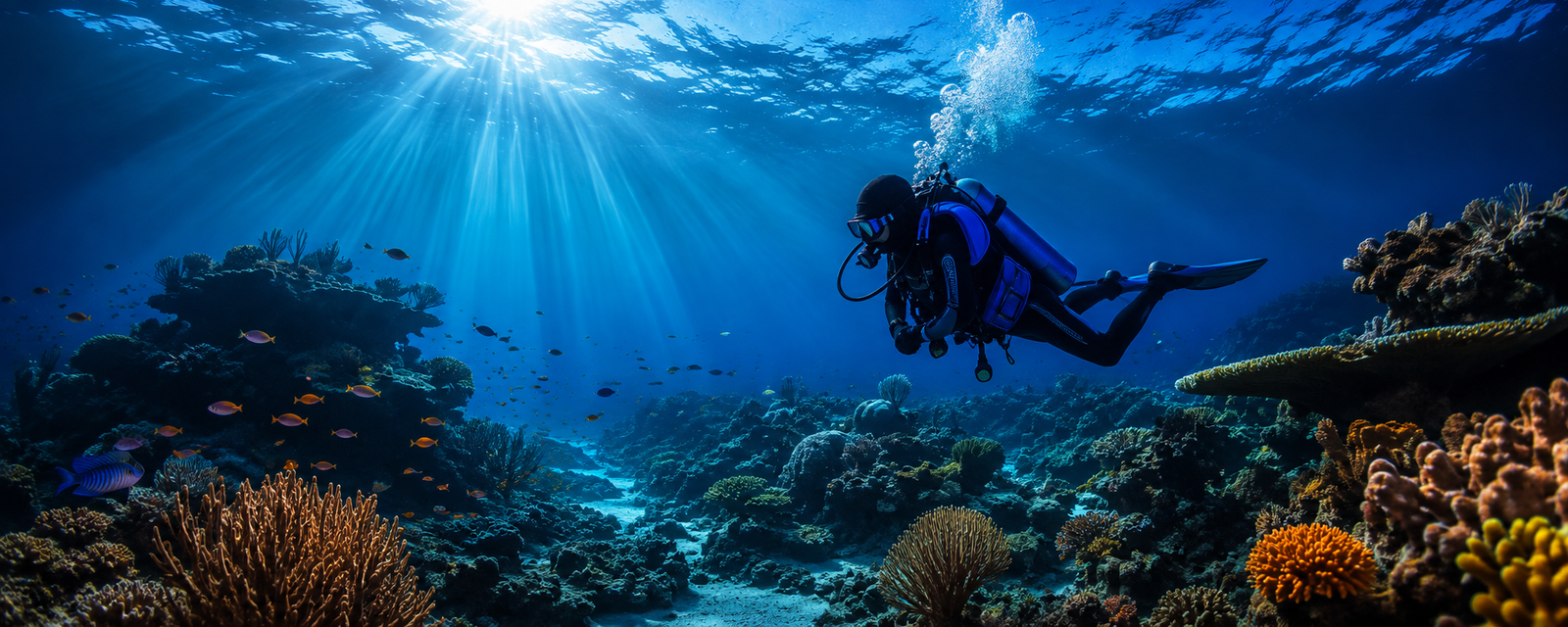 scuba diver underwater with blue gear floating above a coral reef