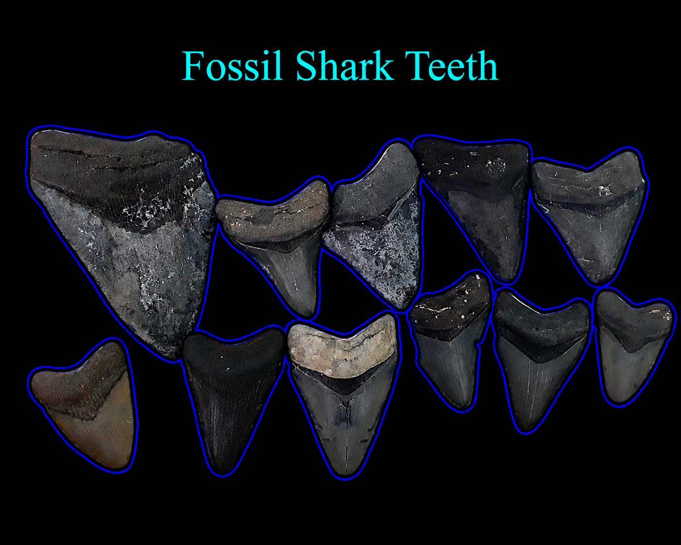 a line of shark teeth found scuba diving mostly medium sized